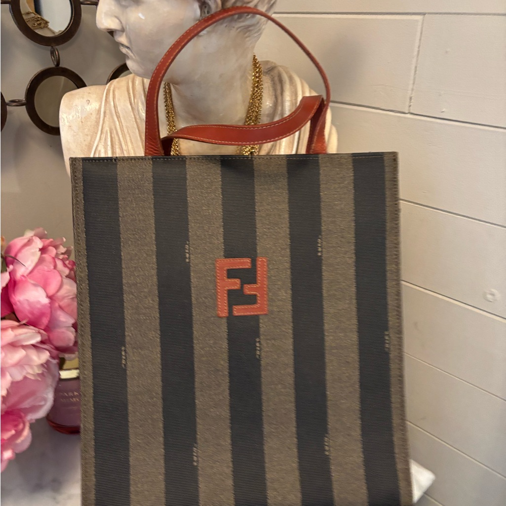 Euc Coa Fendi Black Brown Striped Convertible Backpack Tote Leather Top Handle